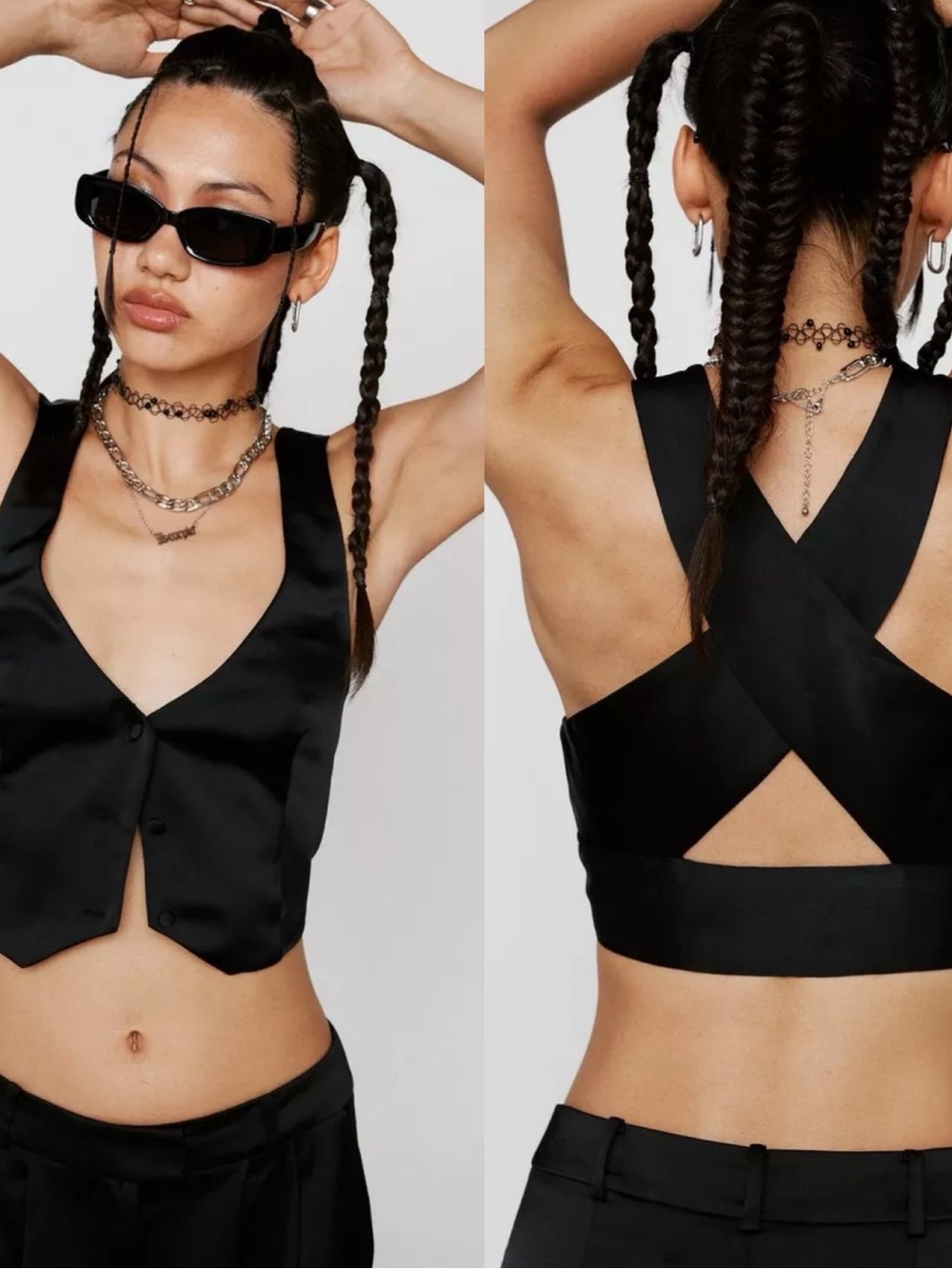 Nasty Gal Collection Black Satin Cropped Tailored Vest Top Size 14
